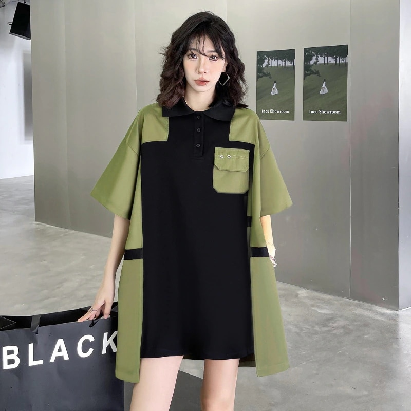 韓国polo襟半袖Tシャツワンピース女性夏新作ゆるい痩せファッション洋気ストレートスカート