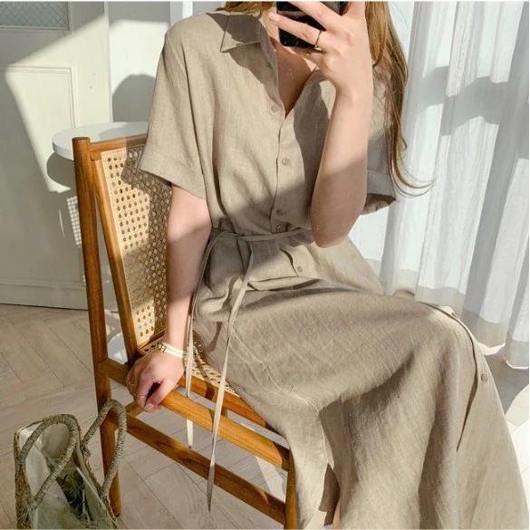 ワンピースドレスシャツワンピ韓国ファッション ノースリーブワンピース リネンワンピース リゾートワンピース ロングワンピース シャツワンピース 開き襟 半袖 大きめサイズ ワンピース シンプル 気