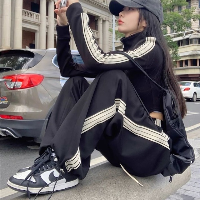 【セットアップ】トラックジャケット フロントジップトップス ワイドパンツ ストリート 韓スト スポーティー 上下セット ガーリー 韓国ファッション