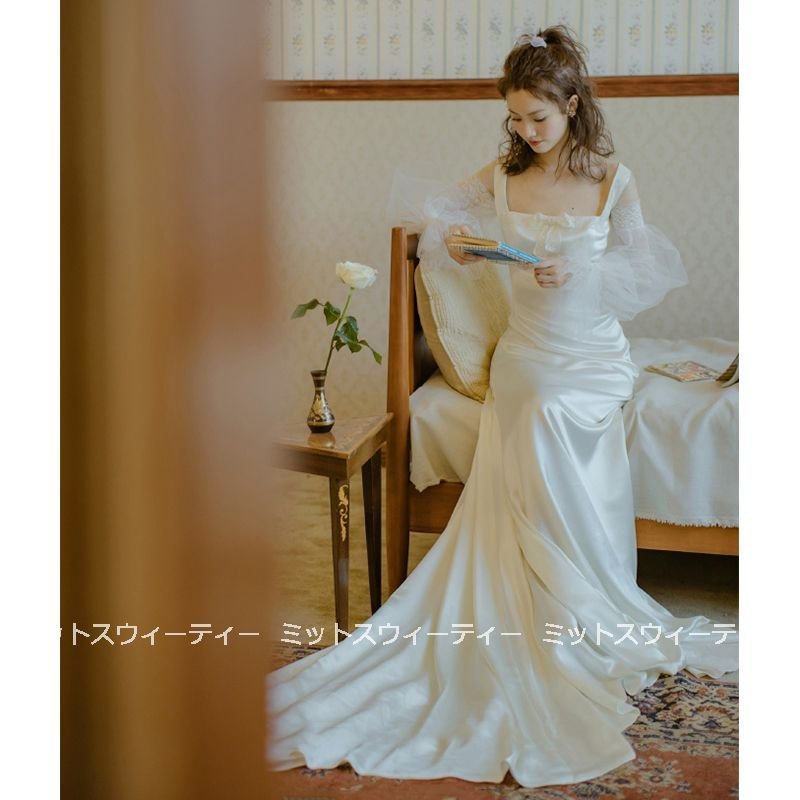 花嫁 ウェディングドレス 白 二次会 Aライン 袖付き 海外挙式 パーティードレス 披露宴 ブライダル シンプル 結婚式 ロングドレス 演奏会 大きいサイズ 前撮り