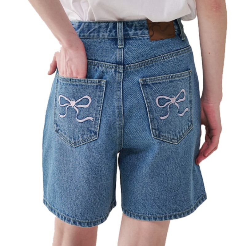 BACK POCKET RIBBON DENIM HALF PANTS LIGHT BLUE