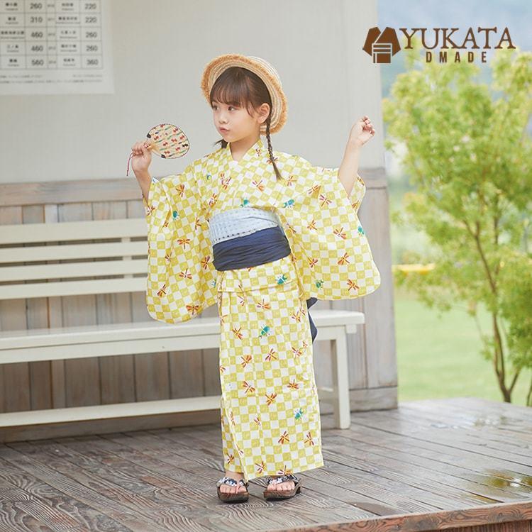 出荷が迅速である 独占販売 浴衣 虫柄 トンボ カブトムシ 子供 女の子 キッズ 綿 3点セット 浴衣 足袋 巾着袋 イエロー 黄色 チェック柄 浴衣セット キッズ レトロ 兵児帯 子供服 夏祭り古