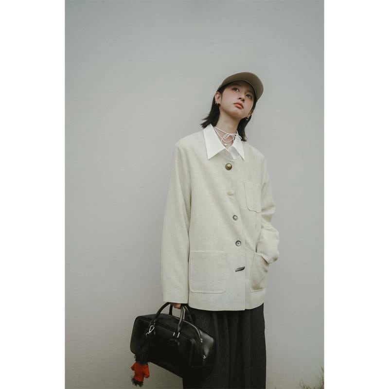 スーツ　ジャケット　カジュアル ミス キムチの 中国 春 ショルダー ラウンドネック カジュアル コットンリネン スーツ ジャケット レディース