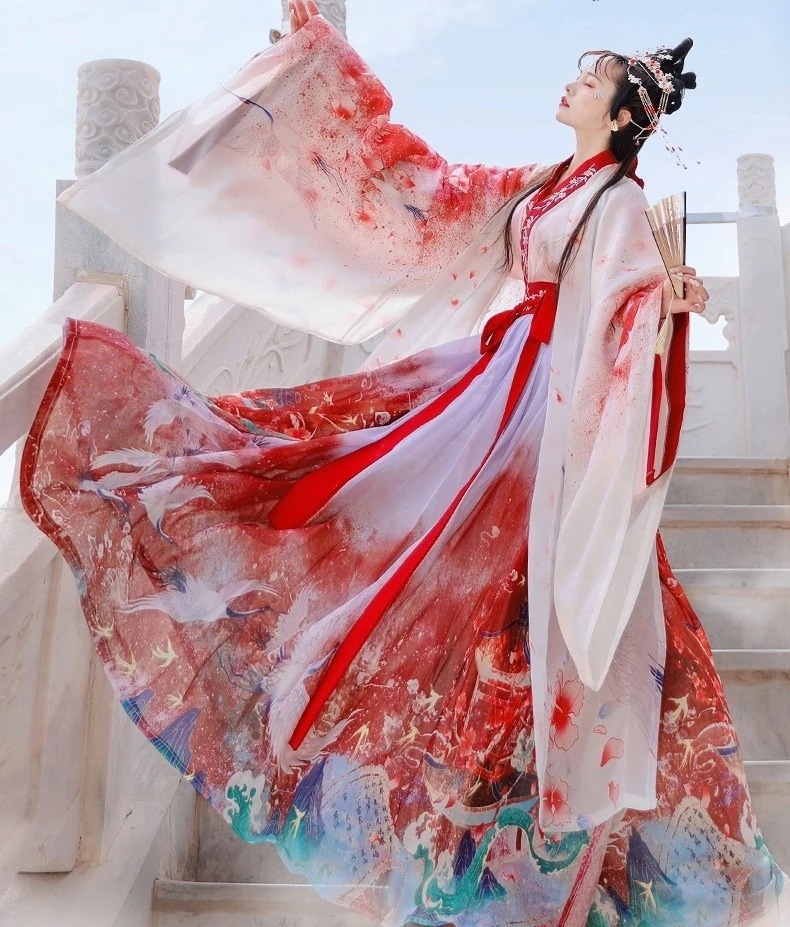 赤い粉のタッチ漢服女性の秋と冬の中国風古代衣装晋風魏晋風腰丈クロスカラーアンダースカート日常妖精精神ハロウィンクリスマスパーティー仮装30%までに制限