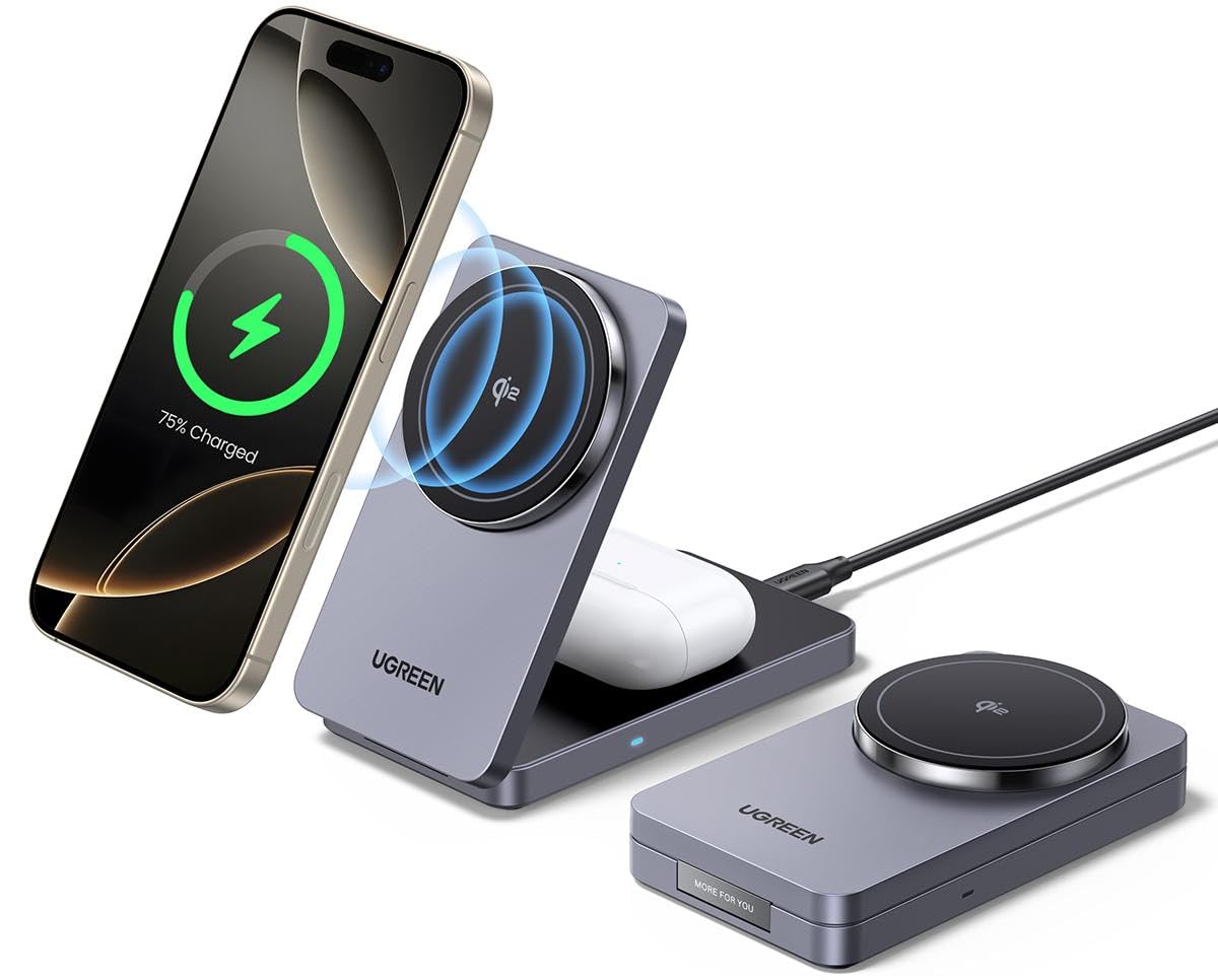UGREEN MagFlow Qi2 ワイヤレス充電器 MagSafe 折り畳み Qi2充電スタンド (2-in-1) マグセーフ充電器 最大15Ｗ高速出力 マグネット式 角度調整 合金質感 薄型軽量