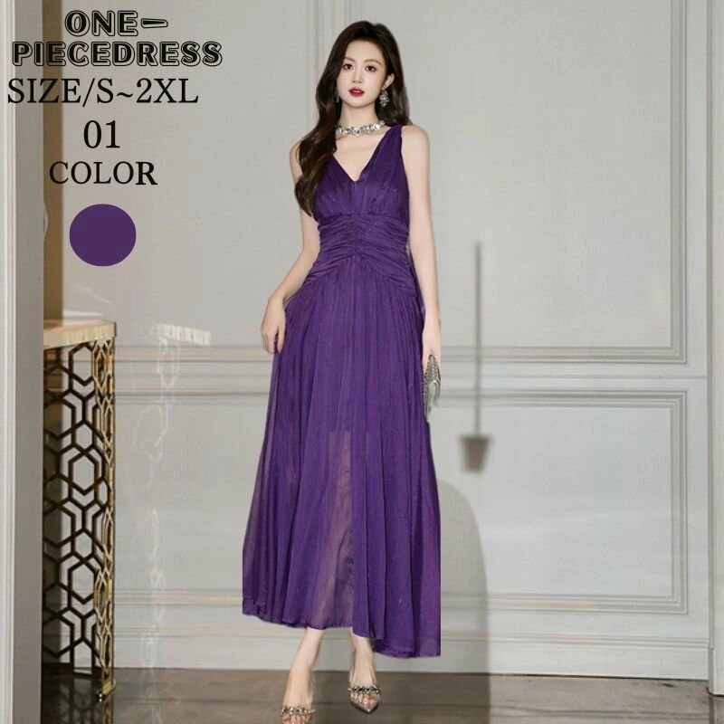 ワンピスドレス　フレアワンピース　ロング丈ドレス　シフォン風　ノースリーブ　ビーズ付きパーティードレス　ナイトドレス　姫系　セクシー上品 大人 きれいめ キャバ嬢　お水　結婚式 海　理ぞ20代 30代