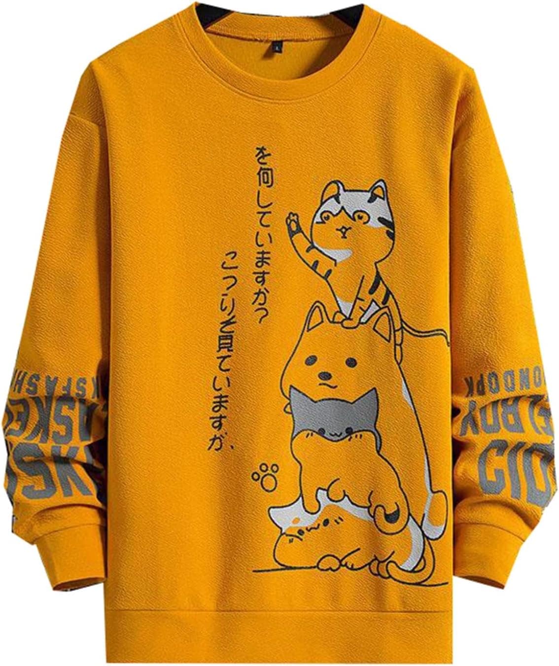 インナー 男性用 長袖シャツ パーカー 綿 ねこ柄 可愛い プリント プルオーバー オーバーサイズ オシャレ 通気 伸縮性 柔らかい 丈長め 丸襟 体型パカー トップス トレーナー コンフォート カジ