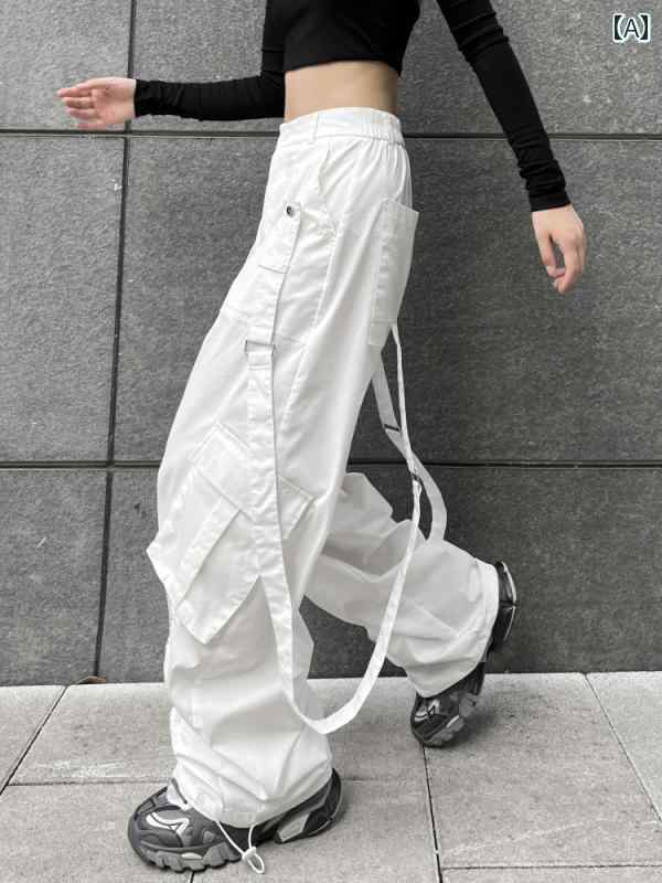 カーゴパンツ　メンズ　レディース 袖口 付きの 女性用 機能的な オーバー オール カップルの ストリート ダンス 白い ヒップ ホップ リボン ジャズ ホットティー カジュアル パンツ