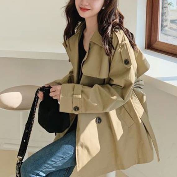 トレンチコート ショート丈 ハーフコート ダブル クラシック ウエストベルト シック クール 秋冬