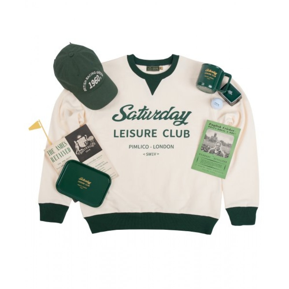 サタデーレジャークラブサタデーレジャークラブロゴレジャースウェットシャツ (男女共用)-アイボリー & グリーン