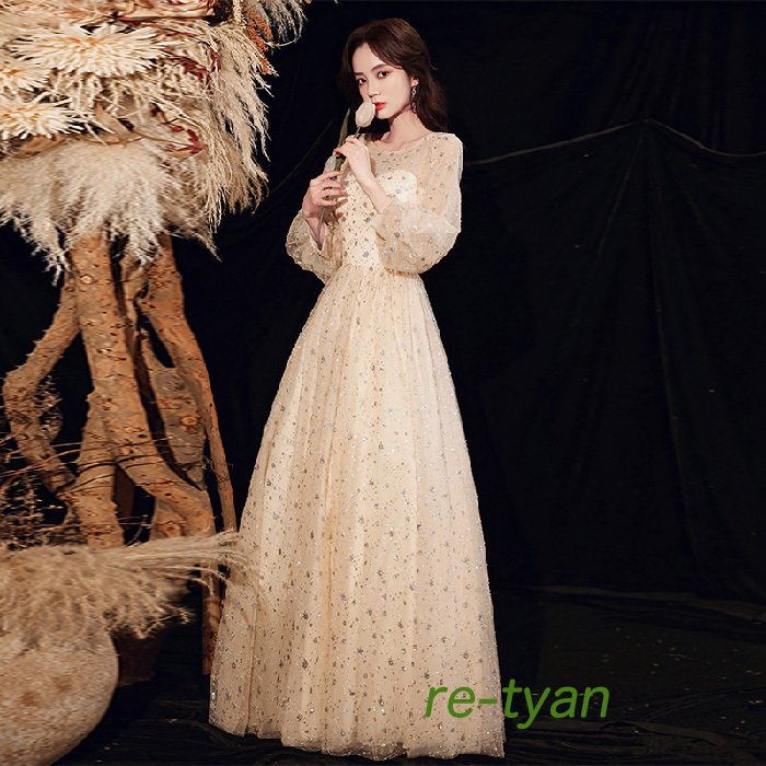 パーティードレス ロングドレス結婚式ワンピース 大きいサイズ演奏会 ウェディングドレス袖あり成人 同窓会卒業式 謝恩会20代30代ウェディングドレス Aライン