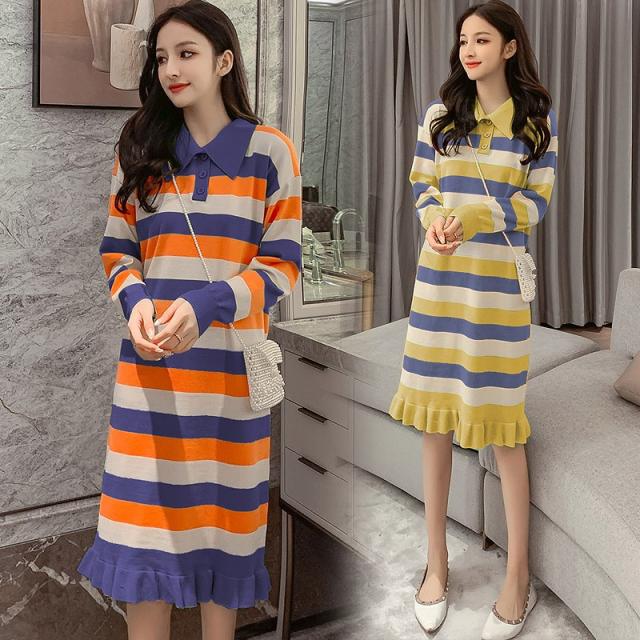 【短納期】全色ニットワンピース羽織りフリル体型カバー着痩せバイカラーカットソー