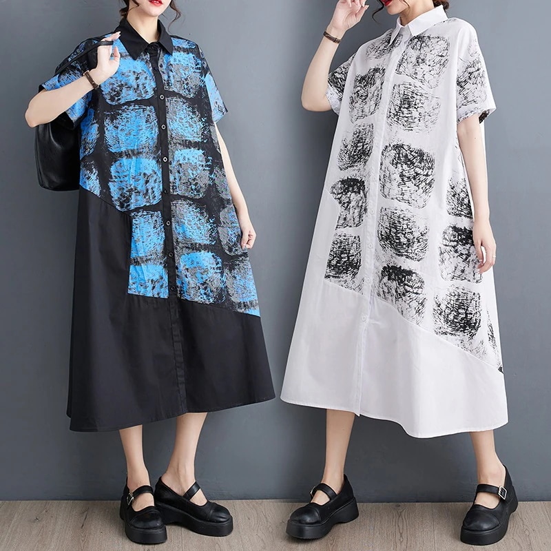 「ファットガール」 夏 ミドル丈 シャツワンピース 半袖 柄ワンピース 体型カバー 大きいサイズ ゆったり レディース