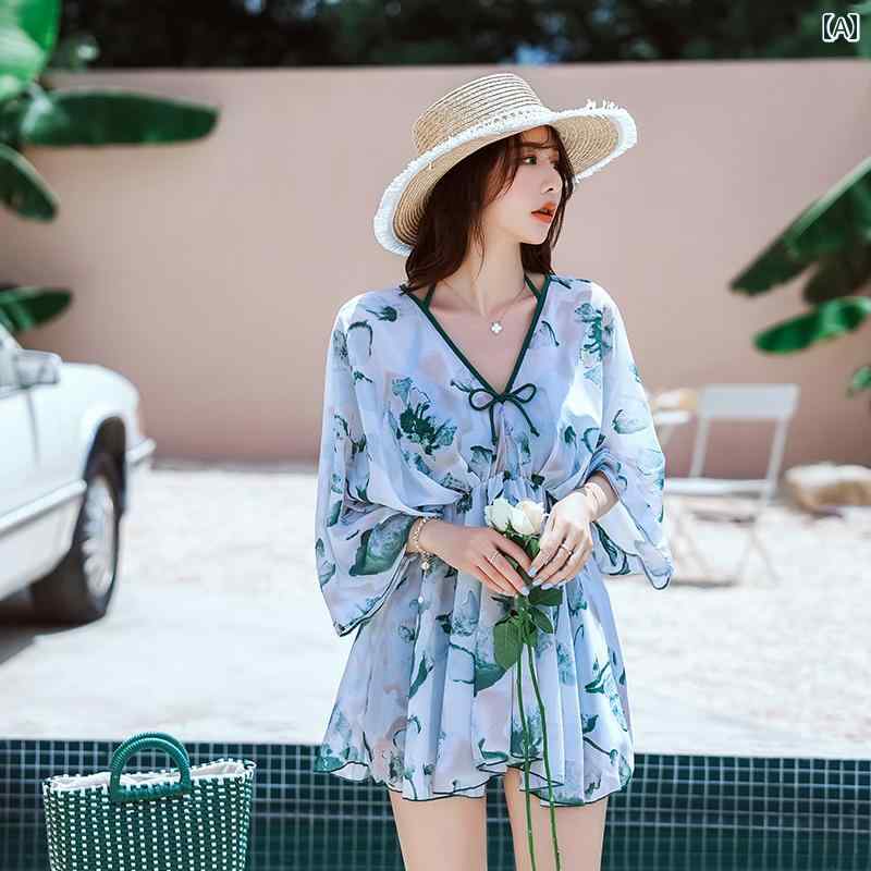 水着 レディース ビキニ メンズ カップル用 ビキニ＋長袖アウターワンピースセット スリーピーススーツ ビーチパンツ ペアルック お揃い グリーン ピンク グラデーション 大判花柄 大きいサイズ リゾ