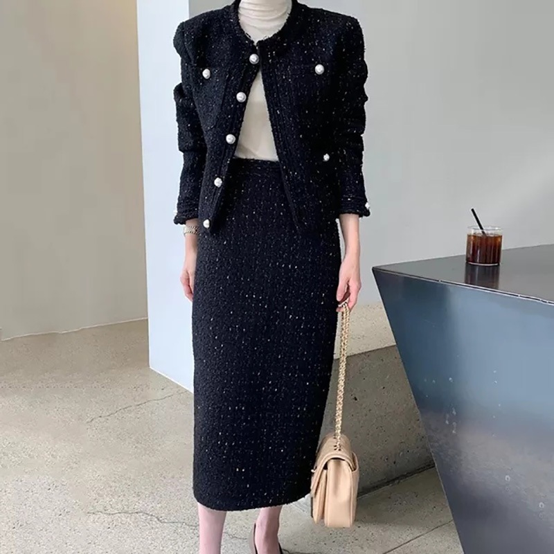 ツイードセットアップ ツイードスーツ ブラック 黒 2点セット 上品 パール調ボタン ミディ丈スカート セットアップ 韓国 レディース 上下セット ジャケット ツイード スカート