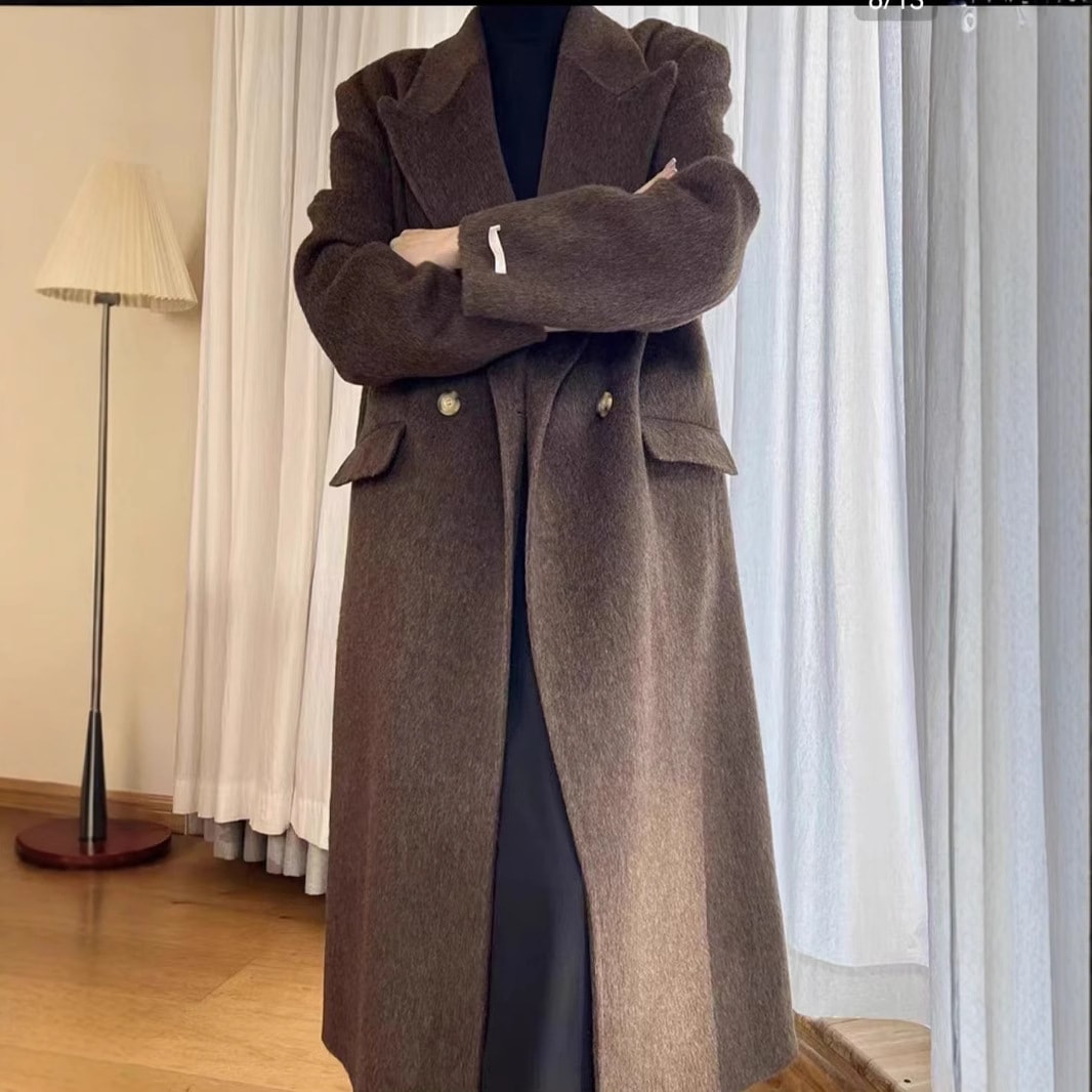 高級韓国風通勤ファッション両面ウールコートスーツカラーのロングウールコート