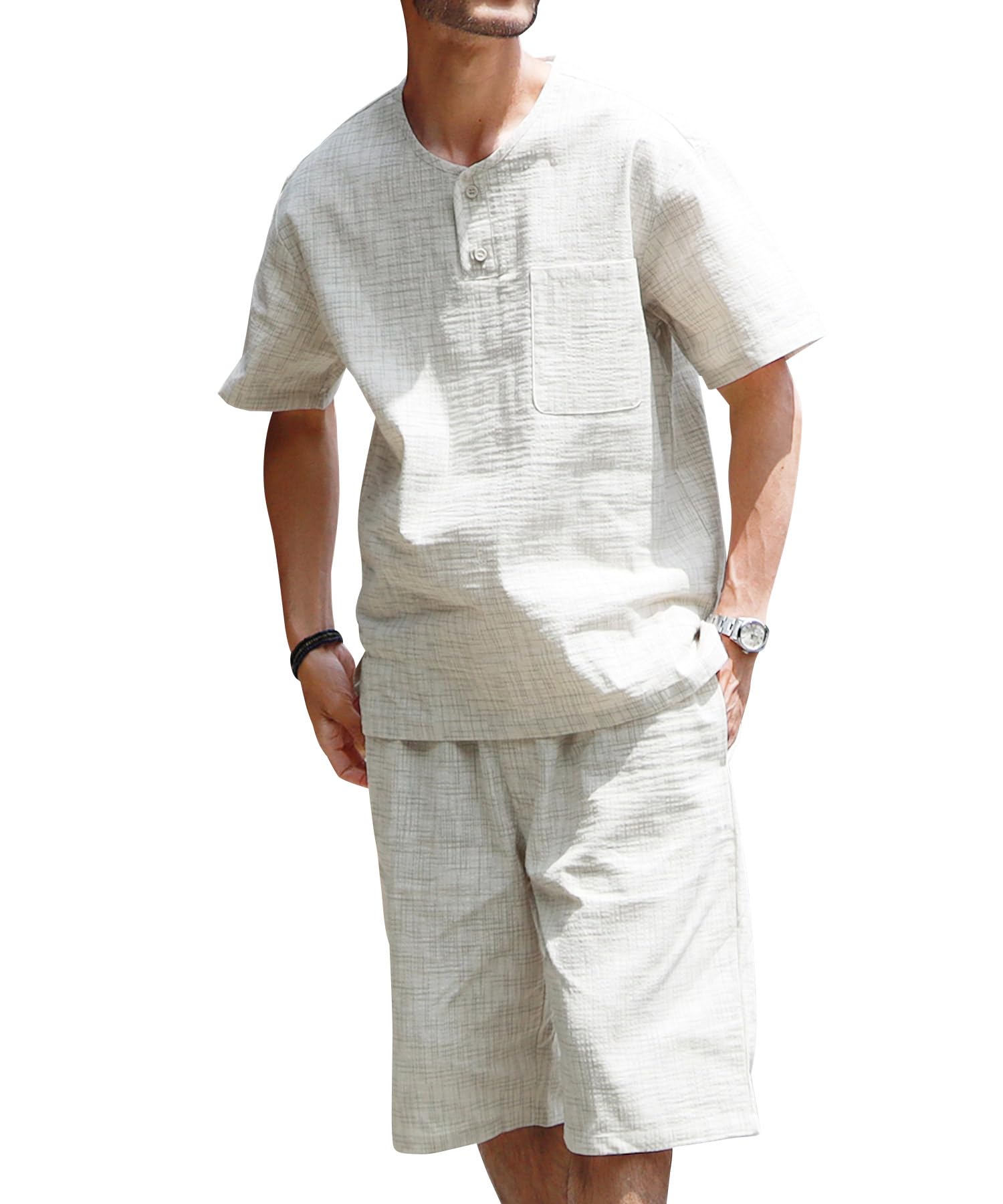 [JIGGYS SHOP] ジギーズショップ 甚平 M B生成り絣（ヘンリーネック）メンズ 上下 セット じんべい 綿100％ 和服 しじら織り 父の日 寝巻き 部屋着 夏服 お祭り 花火