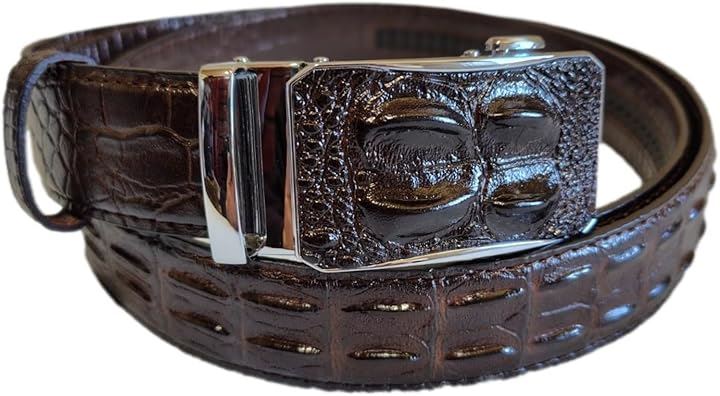 メンズ クロコダイル 型押し ベルト 牛革 レザー わに オートロック 穴なし ビジネス(ブラウン B)