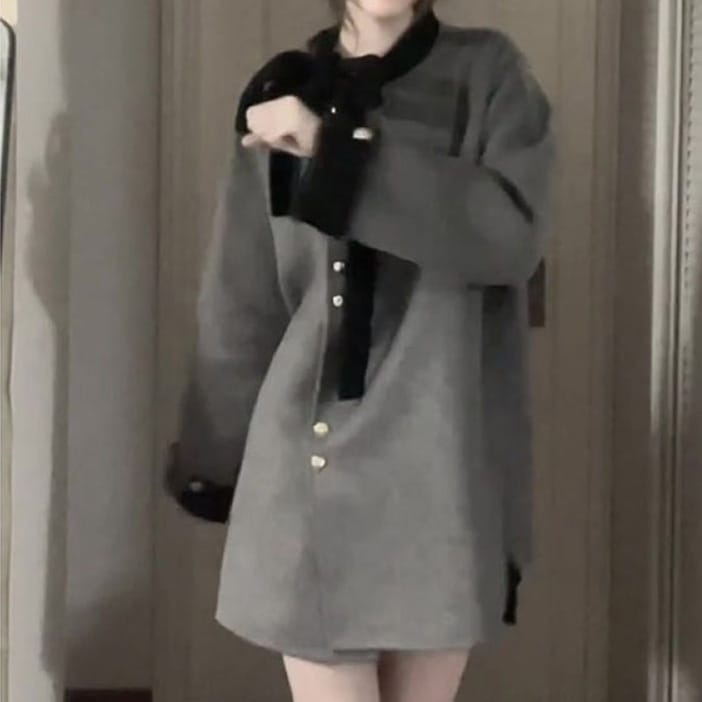 秋冬レディースフレンチ風蝶ネクタイプチコート富豪お嬢様風デザインミドルコート