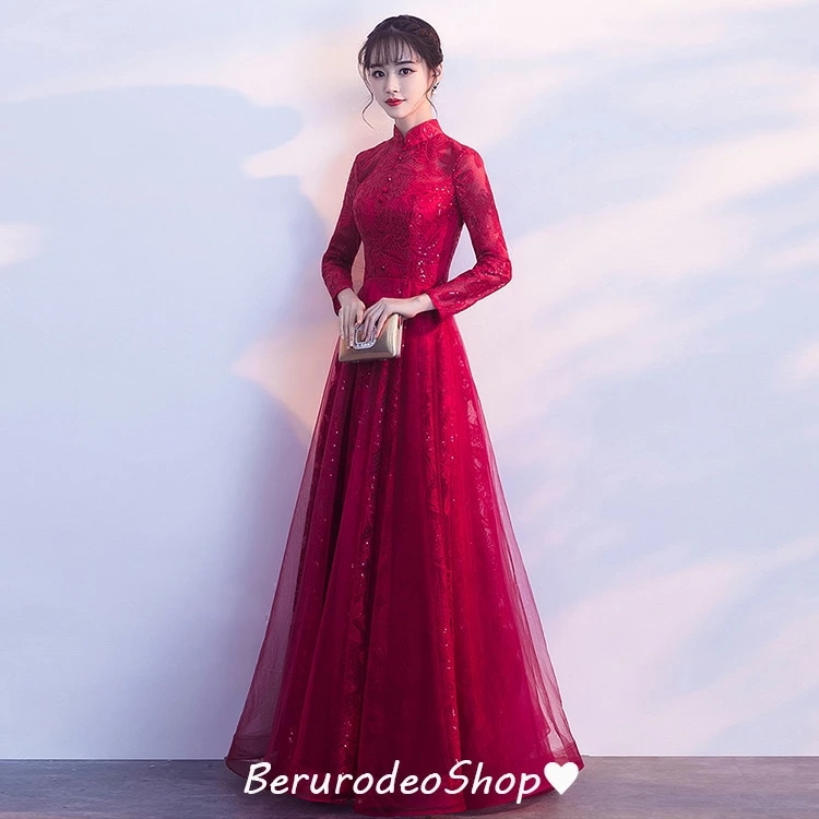 営业促进 チャイナドレス ロング ワイン赤 ゲストドレス 立ち襟 長袖 結婚式ドレス 赤 Aライン 20代 30代 ロングドレス 二次会ドレス チャイナ風 お呼ばれドレス ワインレッド レッド スパン