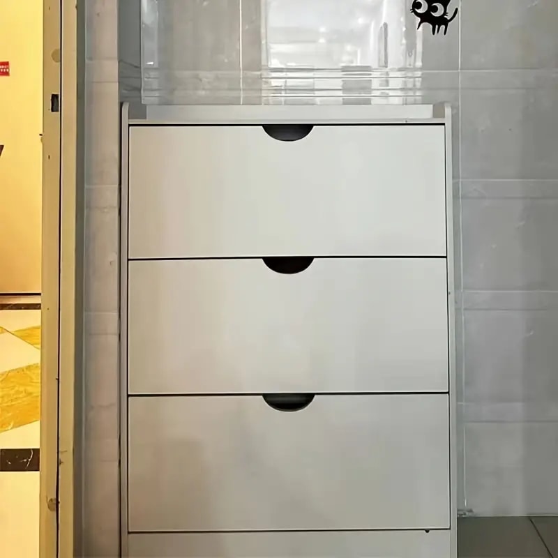 2色オプションスリムエントランスデザインの木製シューズキャビネット - スリムフロアスタンド付き3段引き出し＆ティアード棚省スペース型フリースタンディングシューズオーガナイザーホーム&アパート用