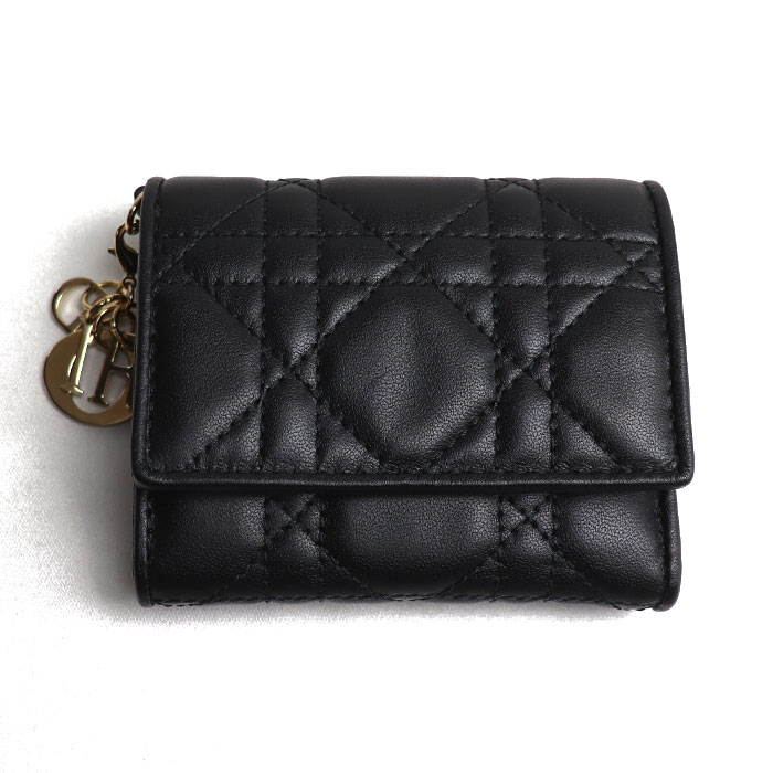 Christian Dior クリスチャンディオール レディディオール ロータスウォレット カナージュ 二つ折り財布 ブラック レディース S0181ONMJ M900 中古 美品