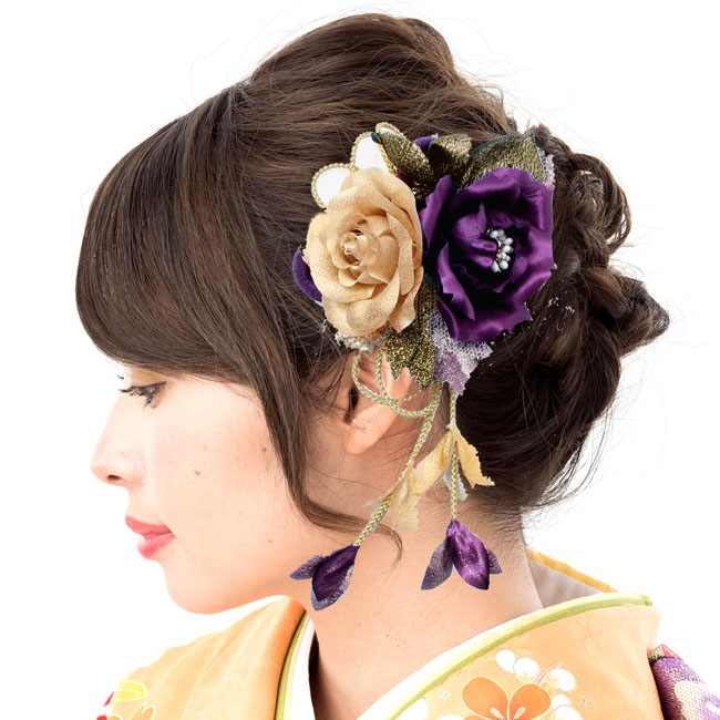 髪飾り W13- 成人式 卒業式 バラ 薔薇 チュール 2点セット 日本製 和装 和柄