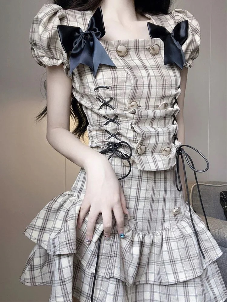 夏のレトロなセットアップチェックリボンのデザイン感トップス+ハイウエストケーキスカート パーティードレスドレスワンピースドレスドレス