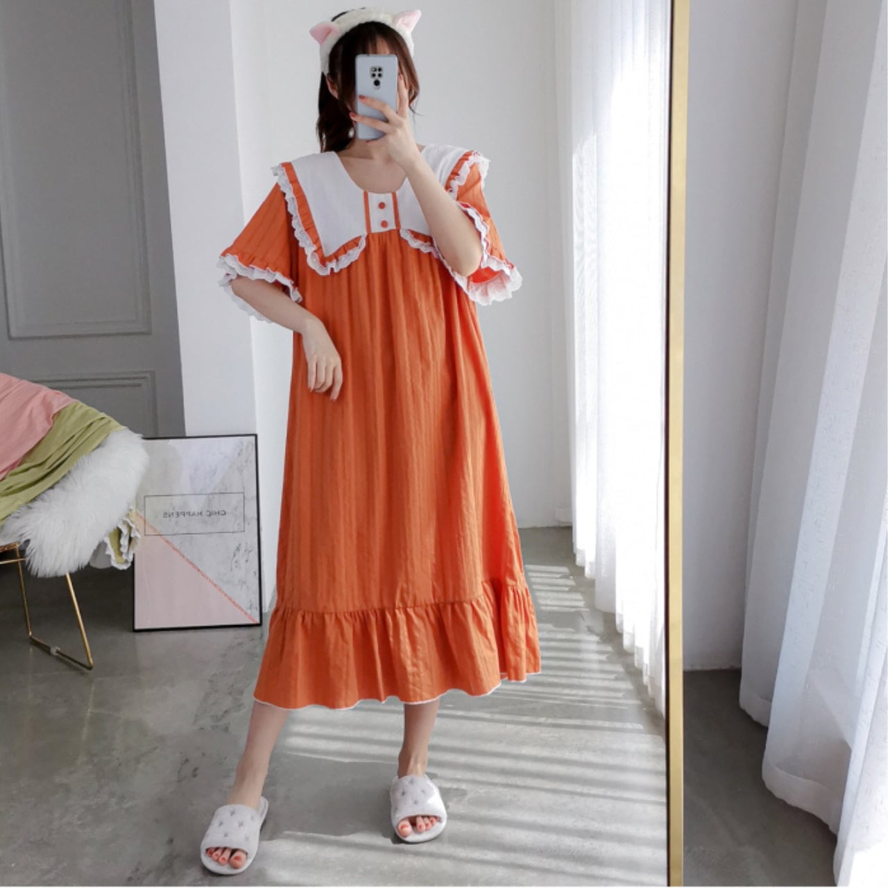 ルームウェア パジャマ ワンピース 部屋着 寝巻き ナイトウェア ネグリジェ ロング 袖あり 長袖 ボリューム袖 ラウンドネック フリル ハイウエスト フリース 厚手 かわいい 大人可愛い ラフ