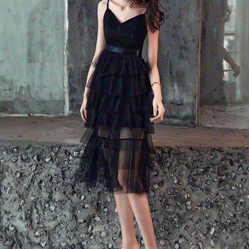 【即納】ワンピース パーティードレス キャバドレス 韓国 無地 Vネック ノースリーブ 春 夏 秋 冬 ミモレ丈 おしゃれ 可愛い ティアード チュール 透け感 シースルー 10代 20代 披露宴 パ