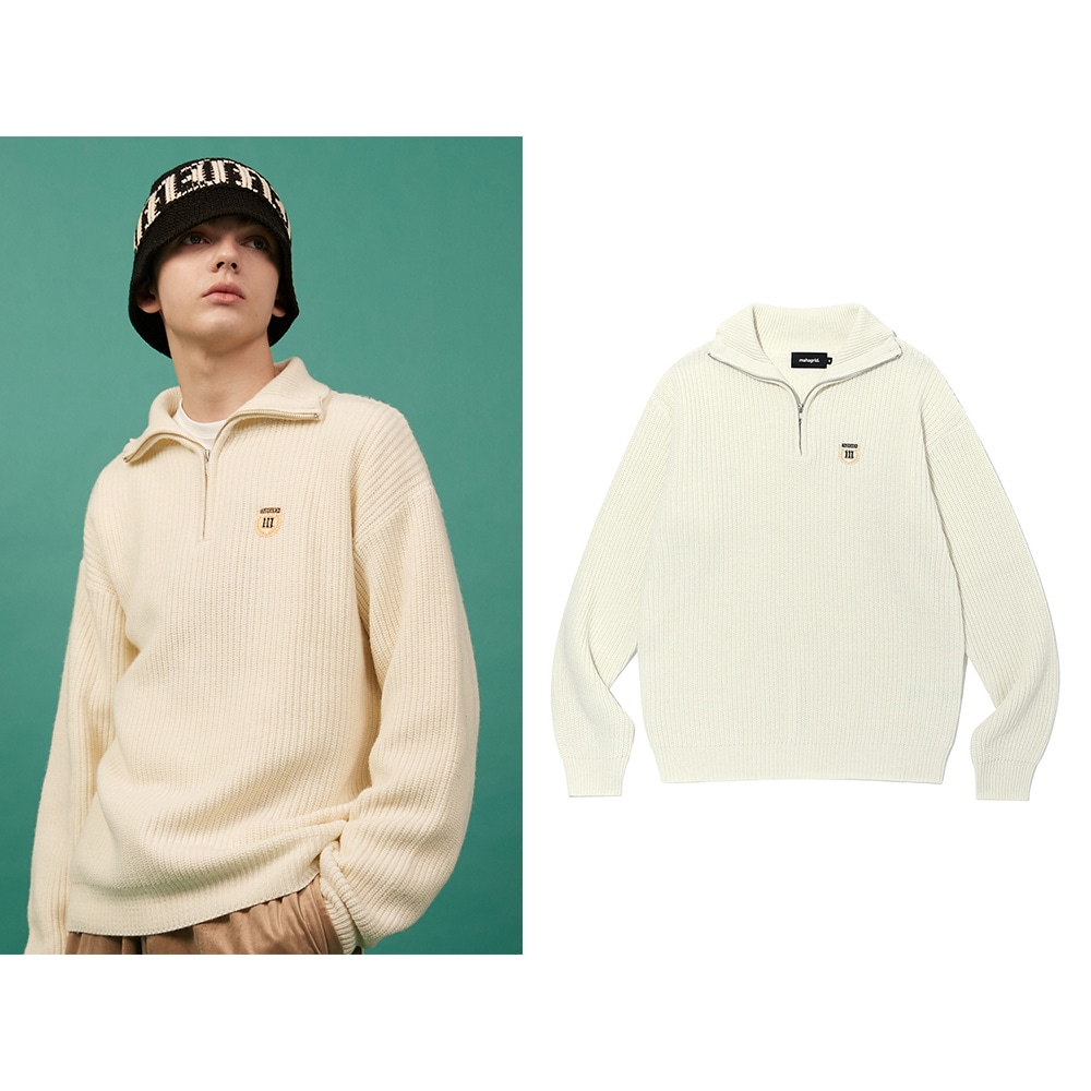 StrayKids着用/クレストハーフジップアップニット_ivory/韓国の人気商品 大学生ファッション ニット fwトップ