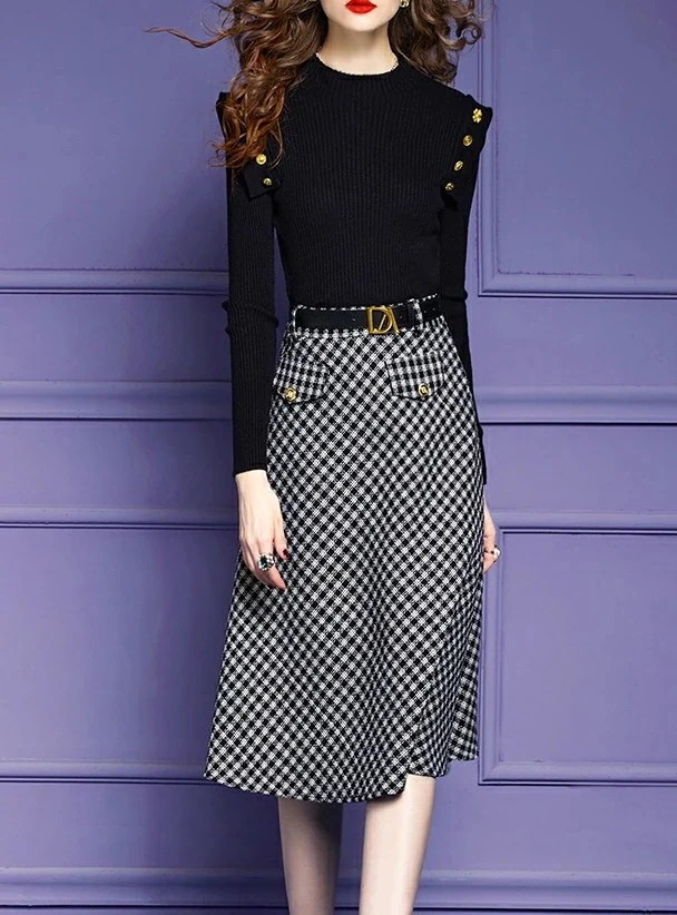 【急速出荷!】3点セットアップ 金具ボタンックニットセーター＆フレアスカート＆ベルト付き ミモレ丈きれいめ エレガント着せ 秋 冬 ワンピース大人可愛い 20代 30代 40代 50代 女性 上