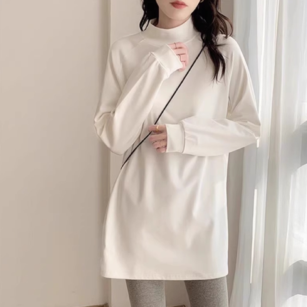 レディース トップス カットソー プルオーバー 膝上 ミドル丈 長袖 ハイネック テーパード かわいい 大人可愛い シンプル カジュアル おしゃれ こなれ感 ラフ ルーズ 存在感 ナチュラル