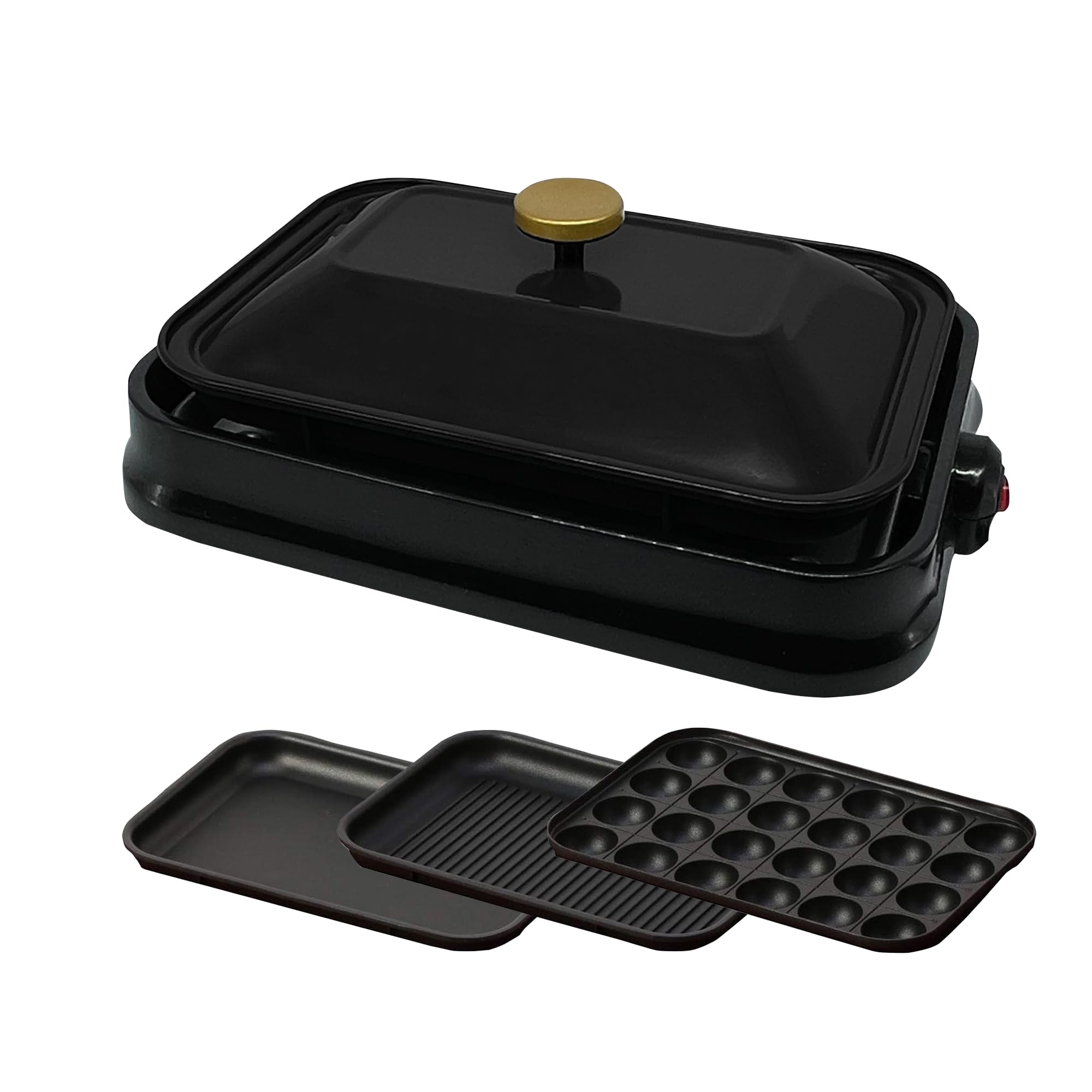 [東京Deco] 3WAY コンパクトホットプレート ブラック 本体 プレート3種 (たこ焼き グリル 平面) 3way 茶 これ1台 一台 蓋 ふた付き 800w 温度 1人 2人 3人 用 小型