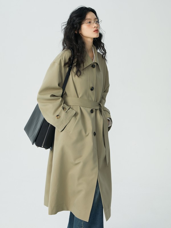 オモント エッグタルト ベージュ トレンチコート レディース 春秋 レトロ ゆったり カジュアル ハイエンド ミドル丈コート