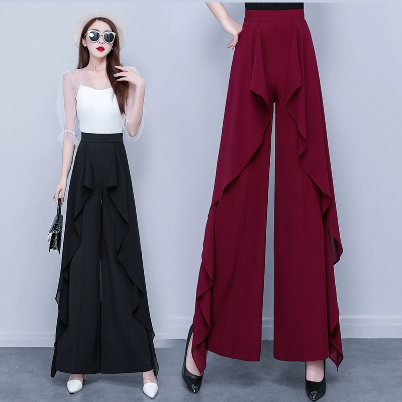 ワイドレッグパンツ ハイウエスト レディース フレアパンツ カジュアル エレガント フリル ファスナー ポケット 後ゴム 細見え 足長見え スタイルUP かっこよさ カジュアル 体型カバー