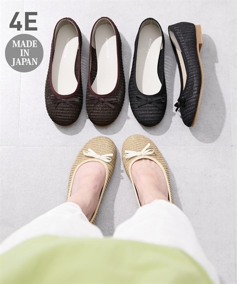 フラット ゆったり幅広 日本製パナマメッシュバレエシューズ ワイズ４Ｅ