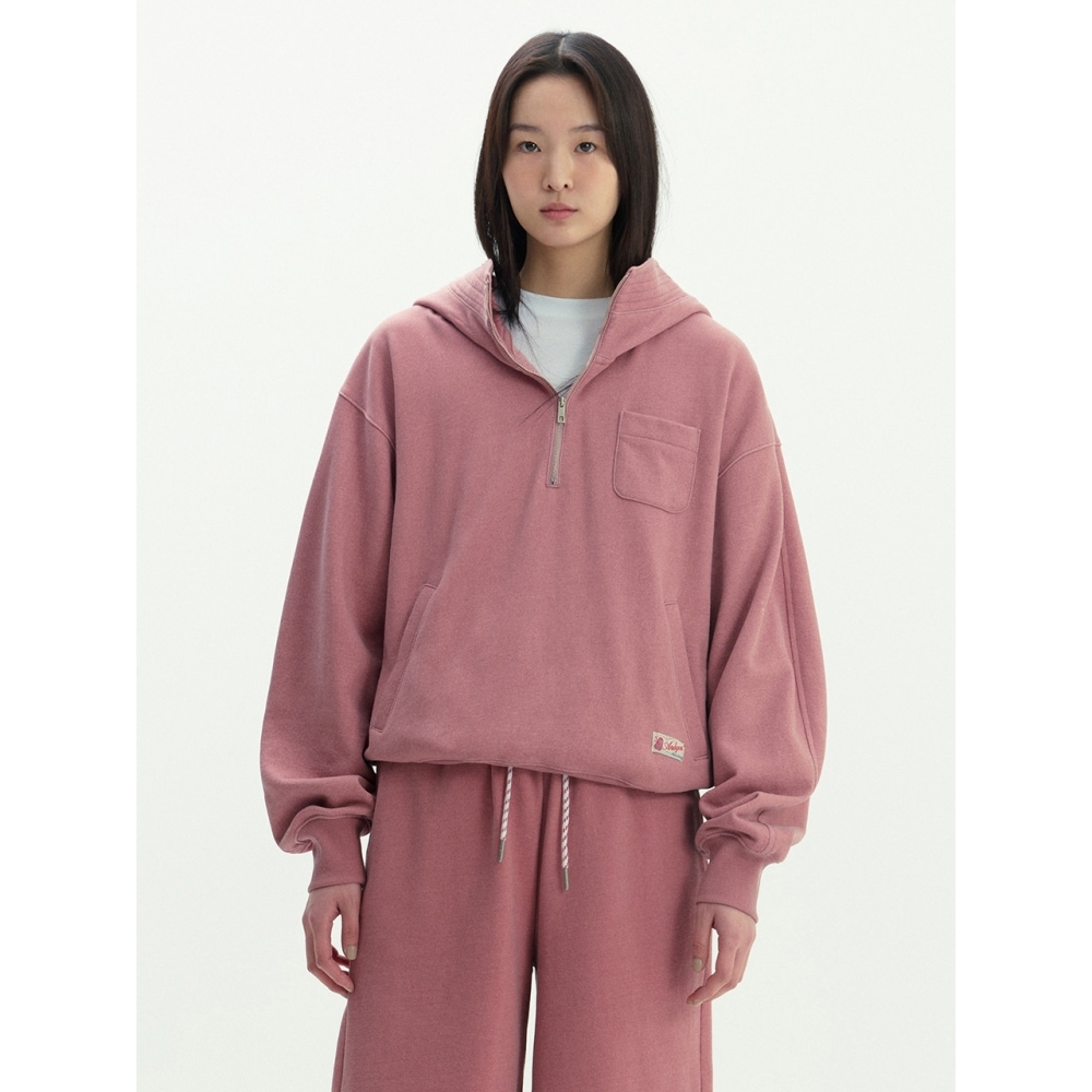 AND YOU デリムットハーフジップアップフード付きTシャツ (チャコールピンク)