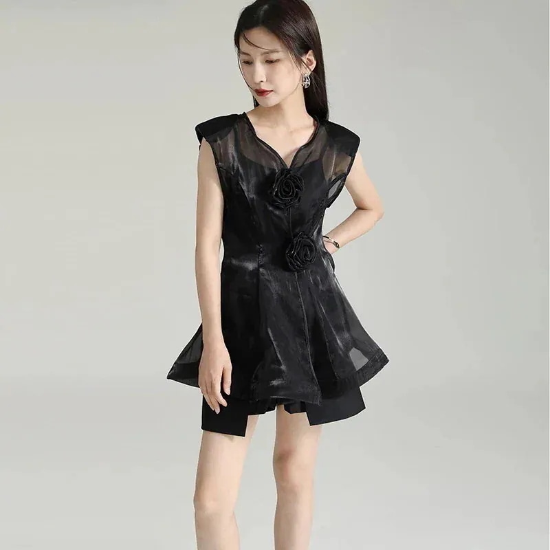 【J.Fashion】 シアーシャツ ローズ型ボタン 夏 袖なし シャツ 着痩せ キャミソール付き ブラウス 日焼け止め レディース ノースリーブ おしゃれ 上質 関連商品は店で購入可能 メガ割30%