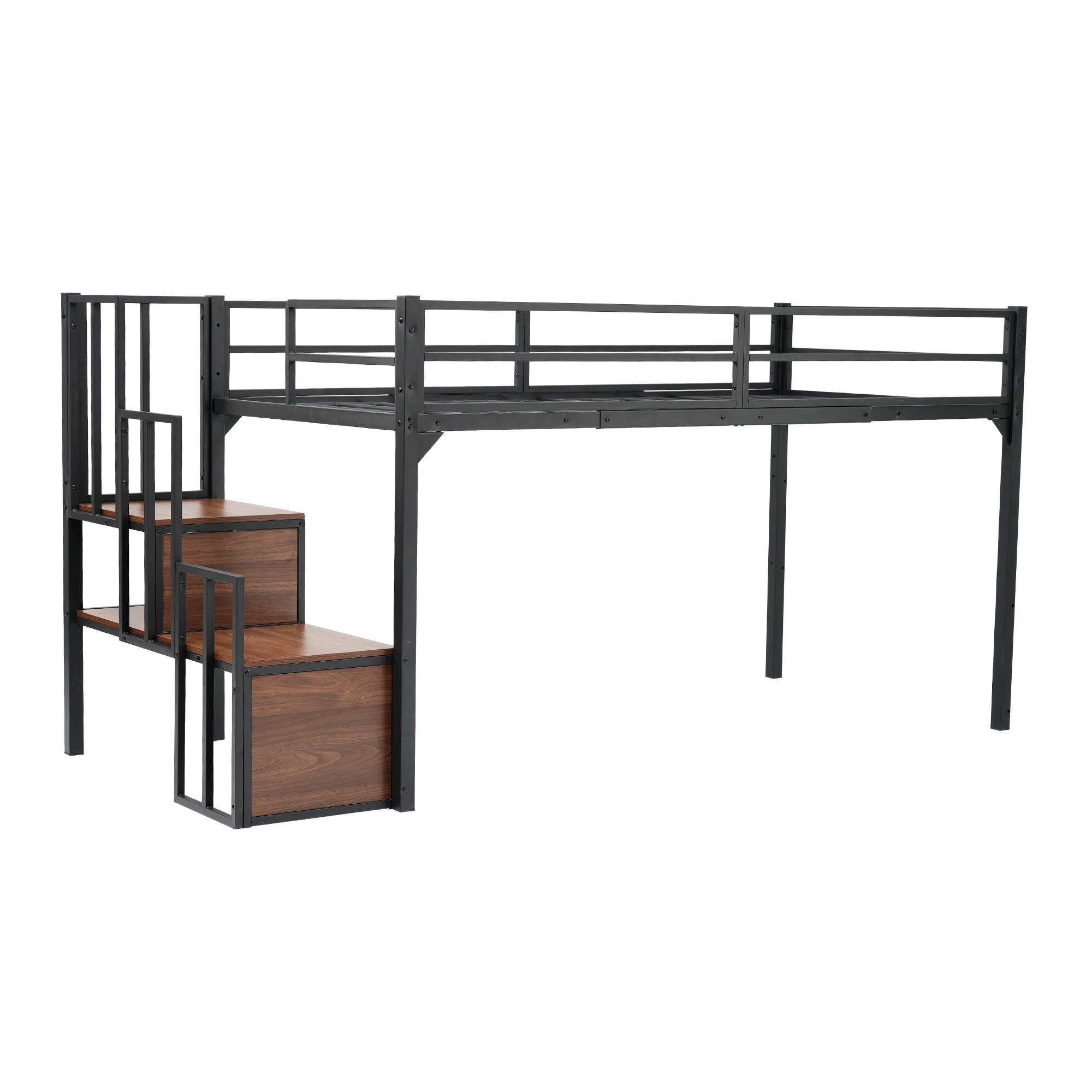 【本日限り激安SALE】新作 ブラック　ロフトベッド パイプベッド 階段付き シングルベッド ロータイプ ロフトベッドロータイプ 木 収納 北欧風 おしゃれ 子供部屋 スチール