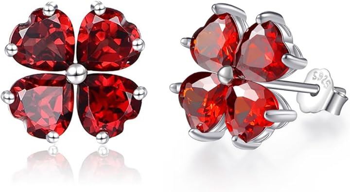幸運四つ葉のクローバー 女性 6.4ct ガーネット 925純銀製 シルバー ピアス K18コーティング 金属アレルギー対応( 1月 誕生石 ガーネット)