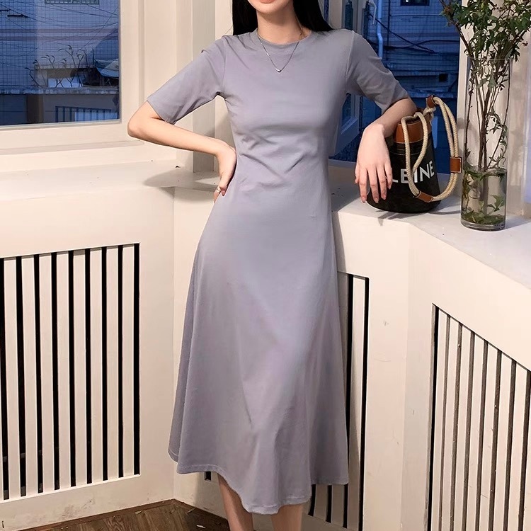 レディース ワンピース フレア Tシャツ ミモレ ロング 半袖 ラウンドネック Aライン ハイウエスト かわいい 大人可愛い きれいめ シンプル カジュアル 上品 おしゃれ ガーリー ルーズ クール