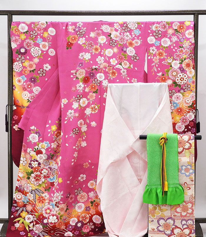 振袖 正絹 流水四季花模様 5点セット 身丈170cm 裄丈72.5cm 袋帯 長襦袢 帯締め 帯揚げ 振袖5点セット リサイクル 中古 着物 e4083