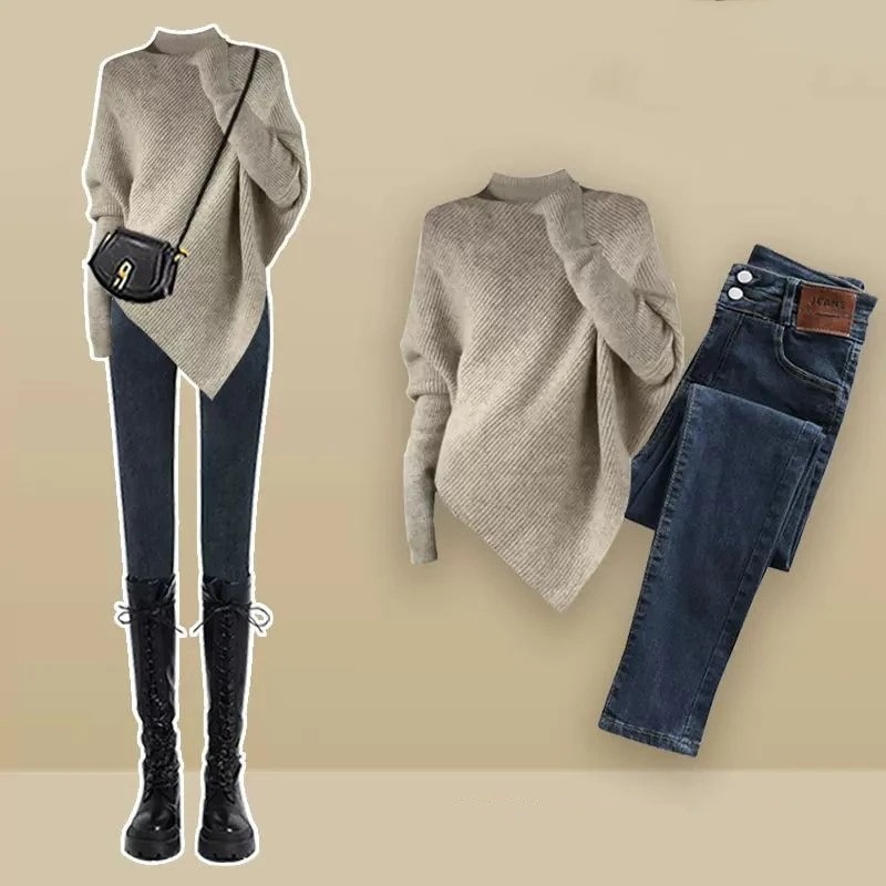 【高評価続々】 高見えデザイン ファッション ドルマンスリーブ セーター+ ハイウエスト パンツ ット レディース