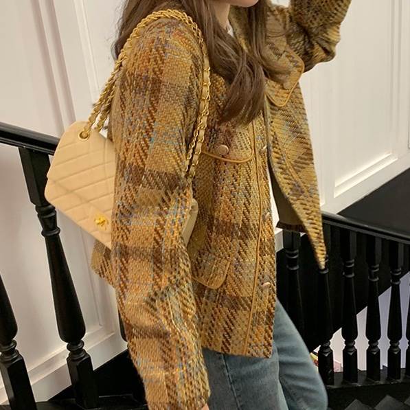 アウター レディース ツイード ノーカラー ジャケット 袖あり 長袖 襟なし 前開き かわいい 大人可愛い 上品 おしゃれ かっこいい レトロ 個性的 エレガント 主役級 存在感 チェック柄 格子柄 5,443円