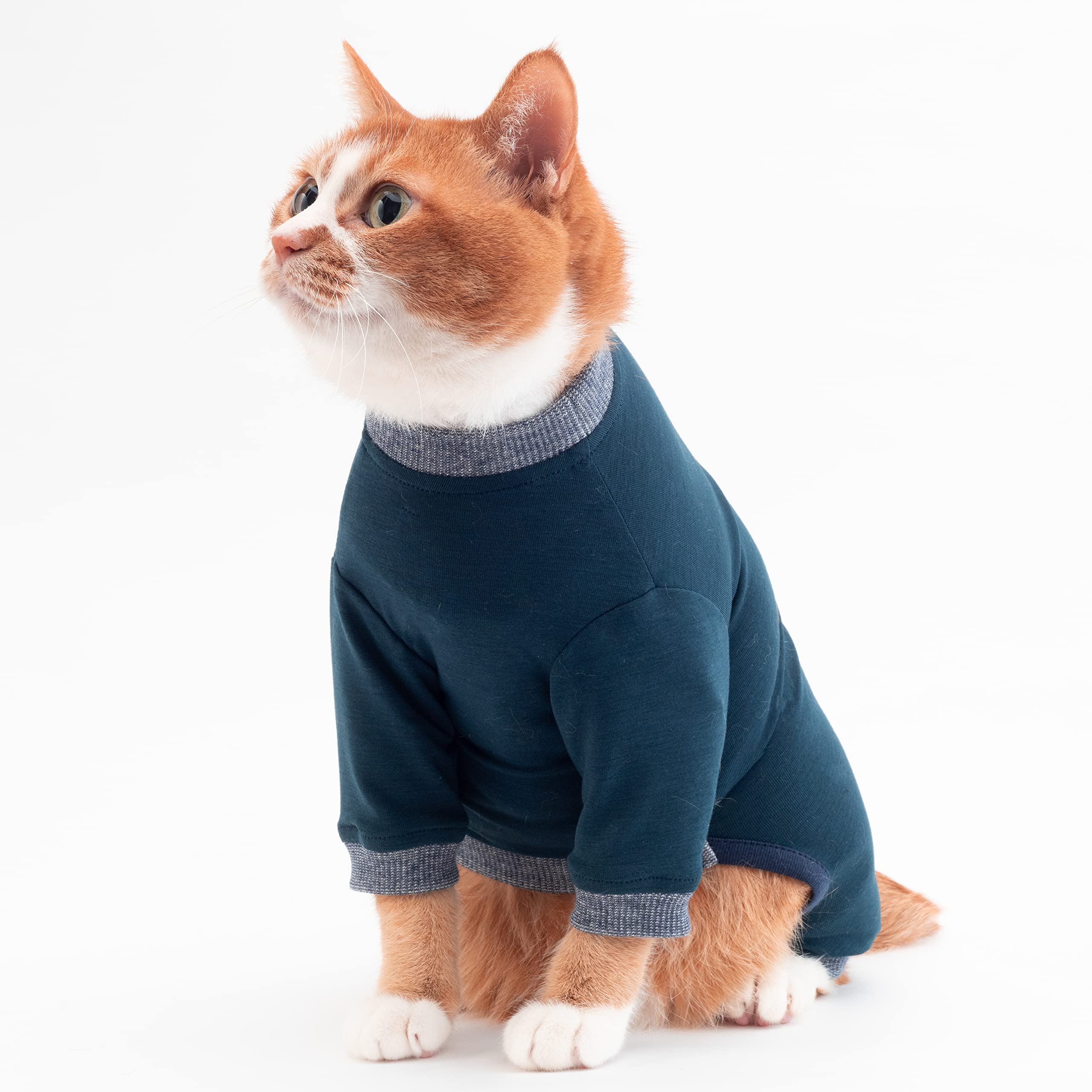 ぽぽねこ 猫に優しい猫服 皮膚保護服 キャットプロテクションスーツ（ロンパース） (L, ネイビー)