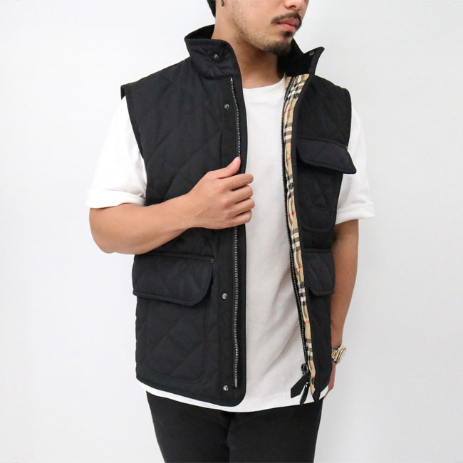 8049783 A1189 メンズ中綿キルティングベスト BLACK アウター ベスト スタンドネック チェック アウトドア