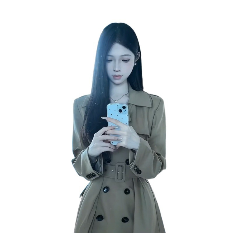 2025 ショート秋の新しいハイエンド英国スタイルの二列肉覆コート カーキの小さなレースアップ ウインドブレーカー