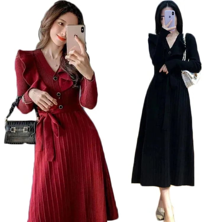 ロング丈 丸襟 ニットワンピース シンプル ロングワンピース 長袖 インナーワンピース 無地 ニットセーターワンピース スタイル 毎日厳選 秋冬 カジュアル おしゃれ フリルワンピース レディース