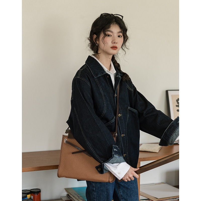 春のレトロフレンチポケットデザイン日本の香港スタイルダークブルーデニムジャケットトップ